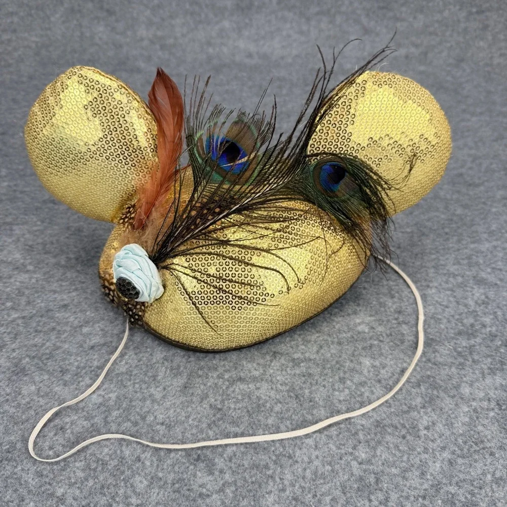 Disney Parks Minnie Mouse Gold Sequin Ears Peacock Feather Headband One Size